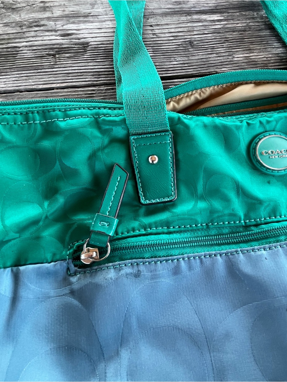 Coach Green and Blue Signature Tote Bag clean inside/ weekender bag - Picture 3 of 13